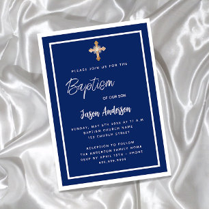 Baptism marinblå vit pojke guld kor inbjudningar