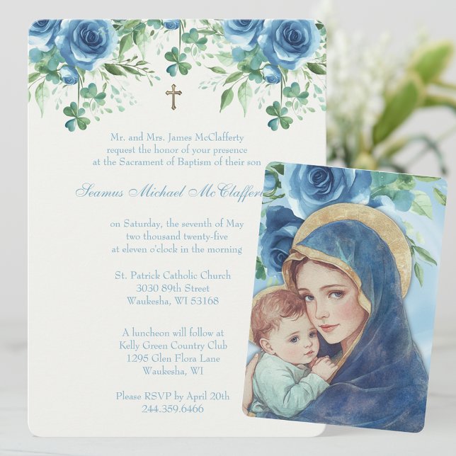 Baptism Mary Jesus Blue Blommigt Shamrocks Inbjudningar (Skapare uppladdad)