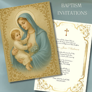 Baptism Mary Jesus Blue och Guld Inbjudningar