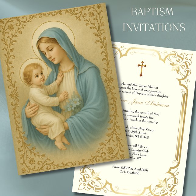 Baptism Mary Jesus Blue och Guld Inbjudningar (Skapare uppladdad)