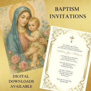 Baptism Mary med Jesus Rosa ros Vintage Inbjudningar