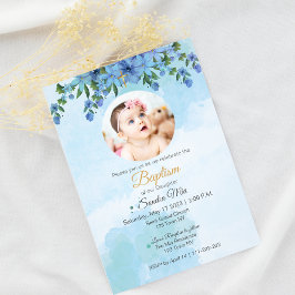 Baptism med blå Blommigt med fotoinbjudan Inbjudningar