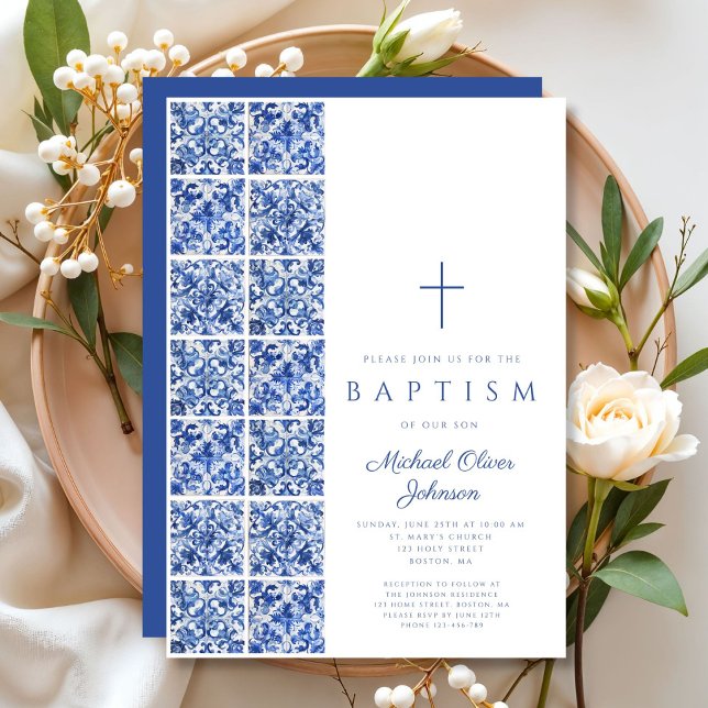 Baptism med blå plattor i elegant Religiösa Kor Inbjudningar (Elegant Religious Cross Blue Tiles Baptism Invitation)
