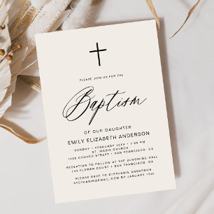Baptism med enkel Neutralt för skript i Beige Inbjudningar