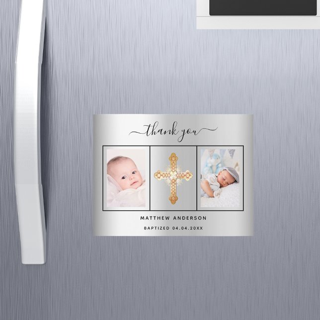 Baptism med fototack för pojke silver magnetisk inbjudningskort (Skapare uppladdad)