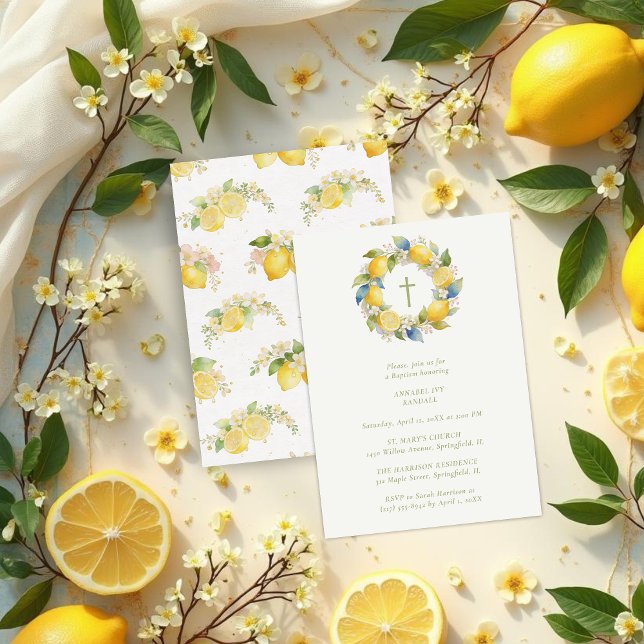 Baptism Mediterranean Wreath with Floral and Lemon Inbjudningar (Baptism Mediterranean Wreath with Floral and Lemons Invitation Card Design. )