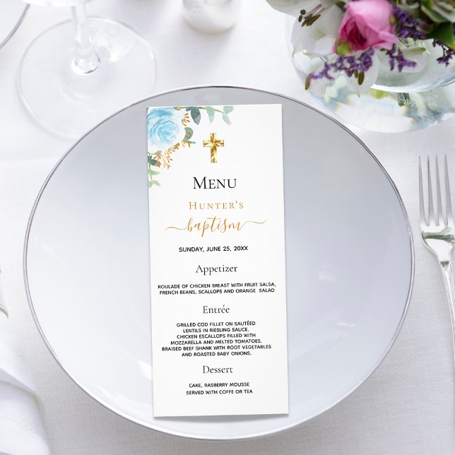 Baptism Menu ljusblå blommigt Reklamkort (Skapare uppladdad)