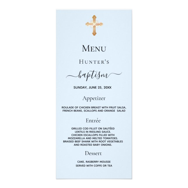 Baptism Menu ljusblå pojke guld kor Reklamkort (Framsidan)