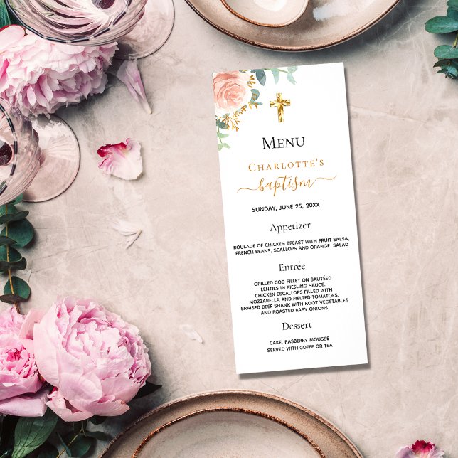 Baptism Menu ro guld  rosa blommigt flicka Reklamkort (Skapare uppladdad)