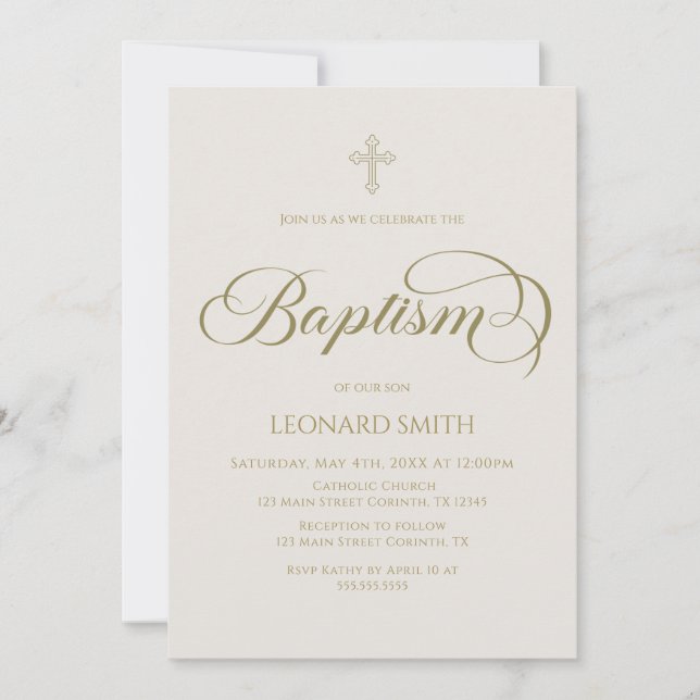Baptism modern boho gold marfil invitation inbjudningar (Framsida)