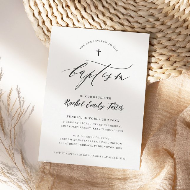 BAPTISM modern minimal kalligrafisk elegant svart Inbjudningar (Skapare uppladdad)