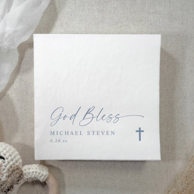 Baptism Modern Simple Dusty Blue God Bless Cross Pappersservett (Elegant dusty blue baptism napkins with “God Bless” script, cross, and personalized baby's name.)
