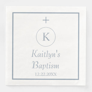 Baptism Monogram Initialer Dusty Blue White Elegan Pappersservett