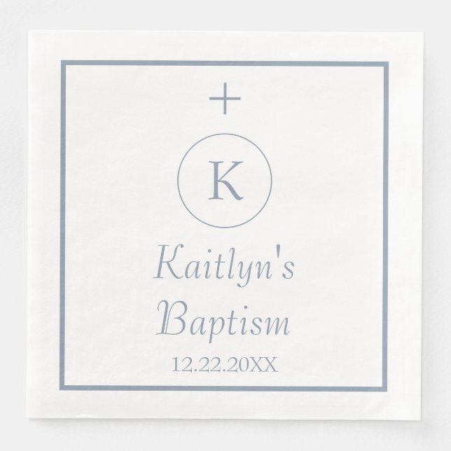Baptism Monogram Initialer Dusty Blue White Elegan Pappersservett (Framsida)