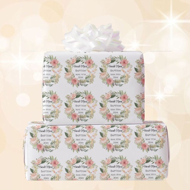 Baptism Namn Datum Kor Dove Vår blommor Presentpapper (Skapare uppladdad)