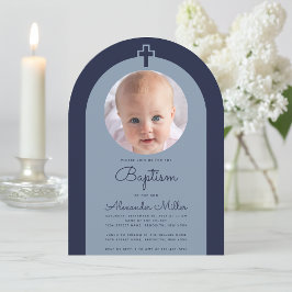 Baptism Navy Arch Boy Photo Dusty Blue Script Inbjudningar