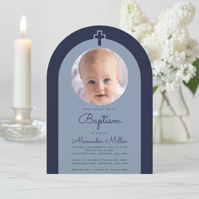 Baptism Navy Arch Boy Photo Dusty Blue Script Inbjudningar (Skapare uppladdad)