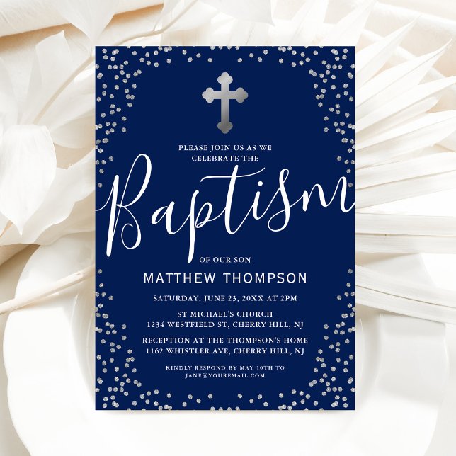 Baptism Navy Blue Silver Glitter Christening Inbjudningar (Skapare uppladdad)