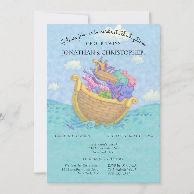 Baptism Noahs Ark Twillingar Baby djur Blue Inbjudningar (Framsida)