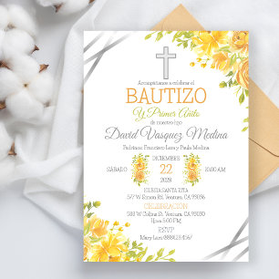 Baptism och 1:a födelsedag i spanska Gula blommor Inbjudningar