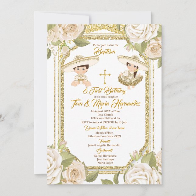 Baptism och födelsedagsvit Blommigt Twin Boy Girl Inbjudningar (Framsida)