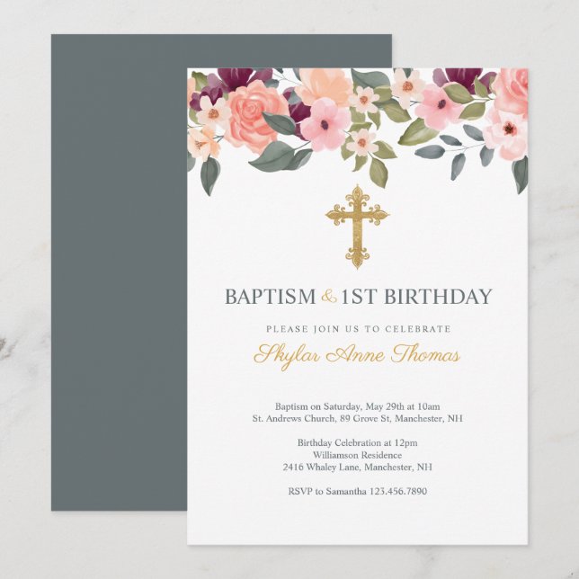 Baptism och första födelsedag  Blommigtar med vatt Inbjudningar (Fram/baksida)