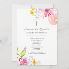 Baptism och första födelsedagsinbjudan Rosa Blommi Inbjudningar