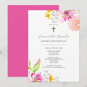 Baptism och första födelsedagsinbjudan Rosa Blommi Inbjudningar