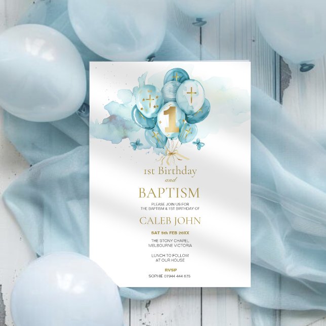 Baptism och inbjudan till Blue Balloon 1:a födelse (Skapare uppladdad)