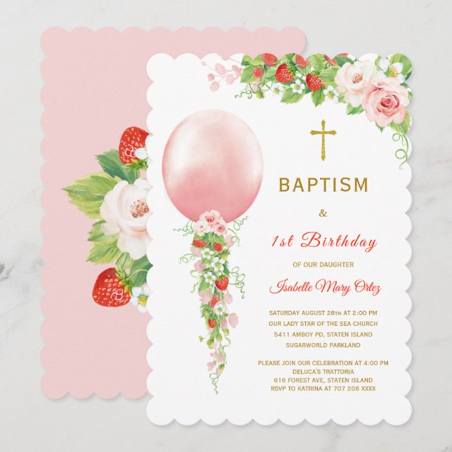 Baptism och jordgubbe från första födelsedag inbjudningar (Fram/baksida)