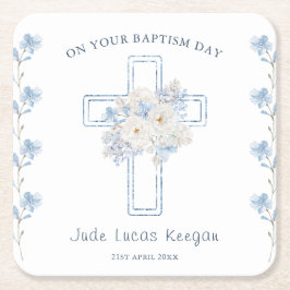 Baptism Papper Underlägg av blå Blommigt Kor Kvadrat