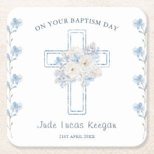 Baptism Papper Underlägg av blå Blommigt Kor Kvadrat