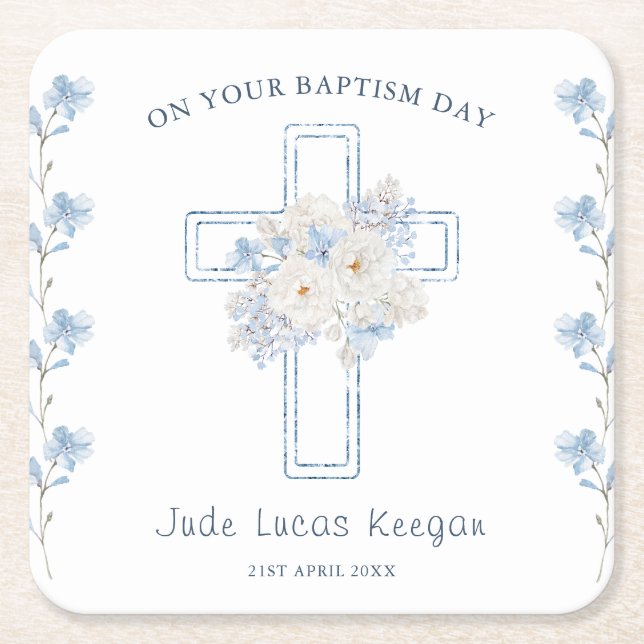 Baptism Papper Underlägg av blå Blommigt Kor Kvadrat (Framsidan)