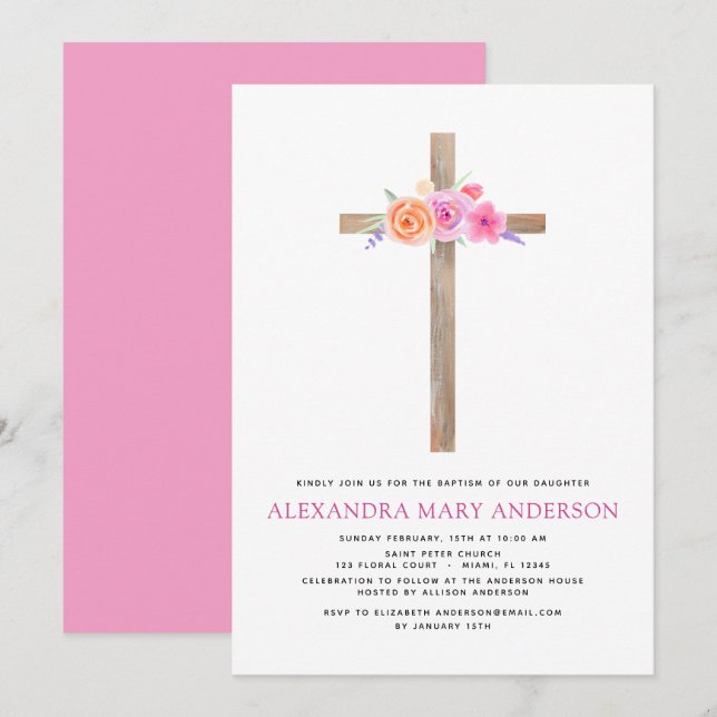Baptism Pastel Blommigt Rosa ros Kor-inbjudan Inbjudningar (Fram/baksida)