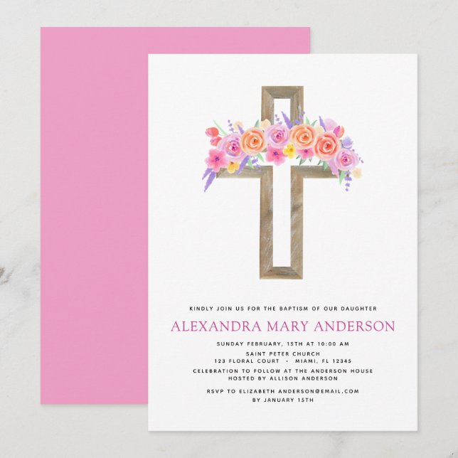 Baptism Pastel Blommigt Rosa ros Kor-inbjudan Inbjudningar (Fram/baksida)