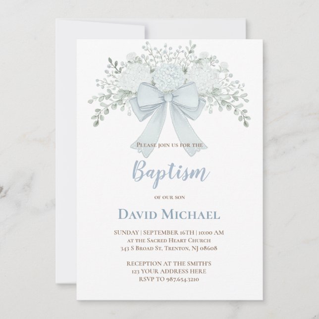 Baptism pastel blue floral bow inbjudningar (Framsida)