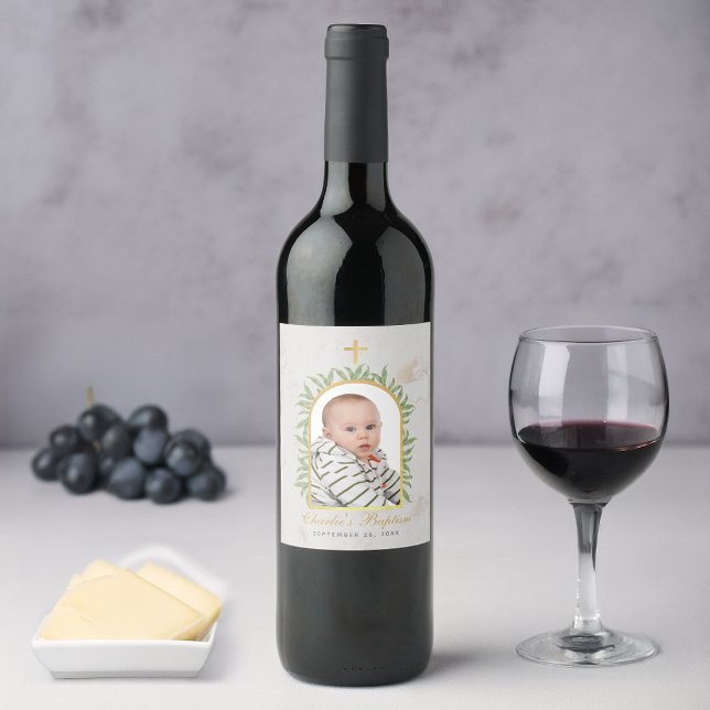 Baptism Photo Arch Greenery Faux Gold Foil Marble Vinflaska Etikett (Skapare uppladdad)
