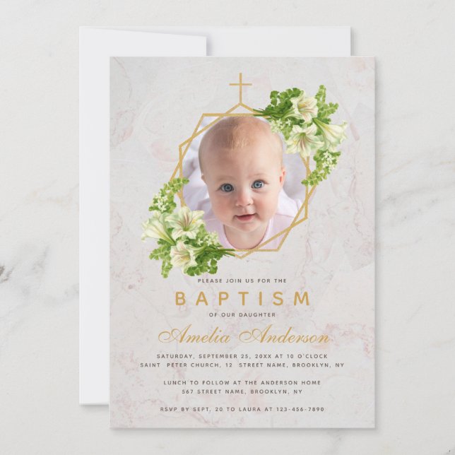 Baptism Photo Blommigt Geometric White Lilies Marb Inbjudningar (Framsida)