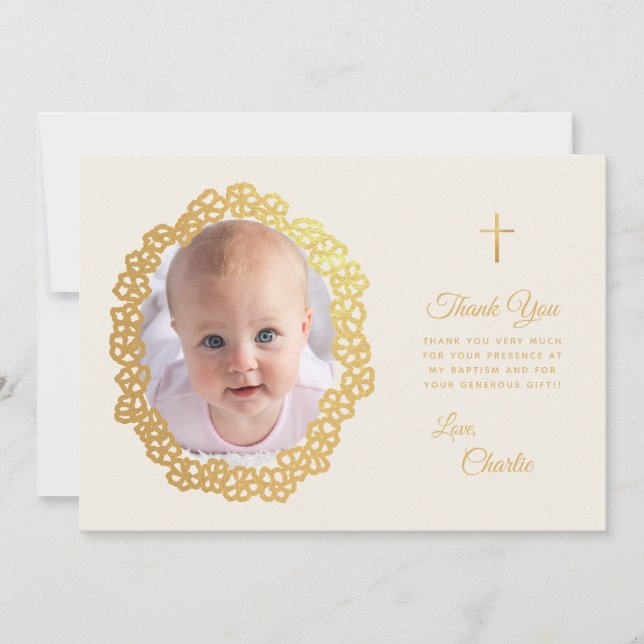 Baptism Photo Blommigt WandeScript Faux Guld Ivory Tack Kort (Framsida)