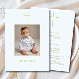 Baptism Photo Boys Blue Guld Religiösa Inbjudningar