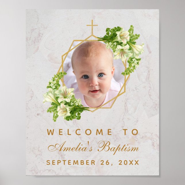 Baptism Photo Girl White Lilies Guld Välkomstecken Poster (Framsidan)