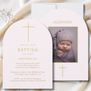 Baptism Photo Guld Rosa Girls Religiösa Inbjudningar