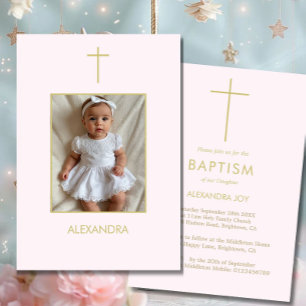 Baptism Photo Guld Rosa Girls Religiösa Inbjudningar