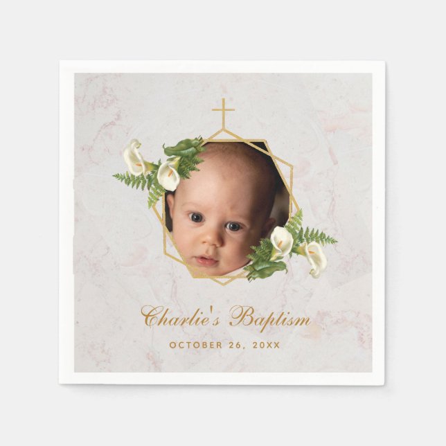 Baptism Photo Marble Blommigt Calla Lilies Guld Pappersservett (Framsidan)