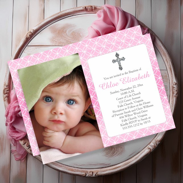 Baptism | Photo Ringar Kor Eternity Inbjudningar (Baptism Girl Eternity Rings Elegant Silver Cross Photo Invitation - Print and/or Digital Download)