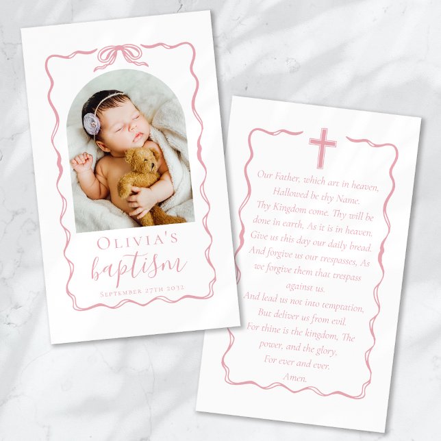 Baptism Pink Bow Ribbon Photo Keepsake Prayer Card Visitkort (Skapare uppladdad)