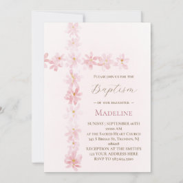Baptism pink floral cross  inbjudningar