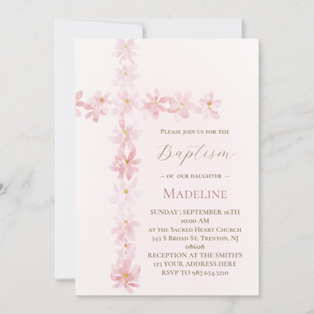 Baptism pink floral cross  inbjudningar (Framsida)