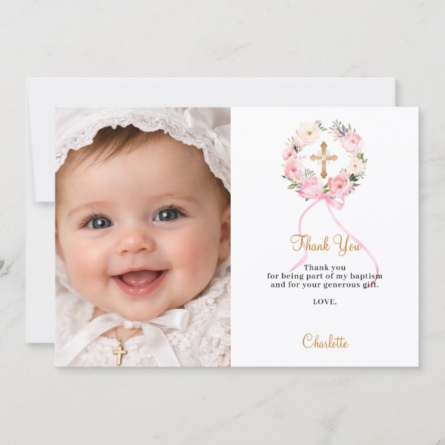 Baptism pink florals bow photo girl thank you card inbjudningar (Framsida)