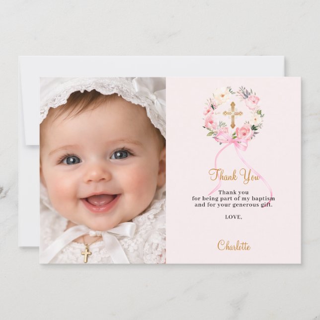 Baptism pink florals bow photo girl thank you card inbjudningar (Framsida)